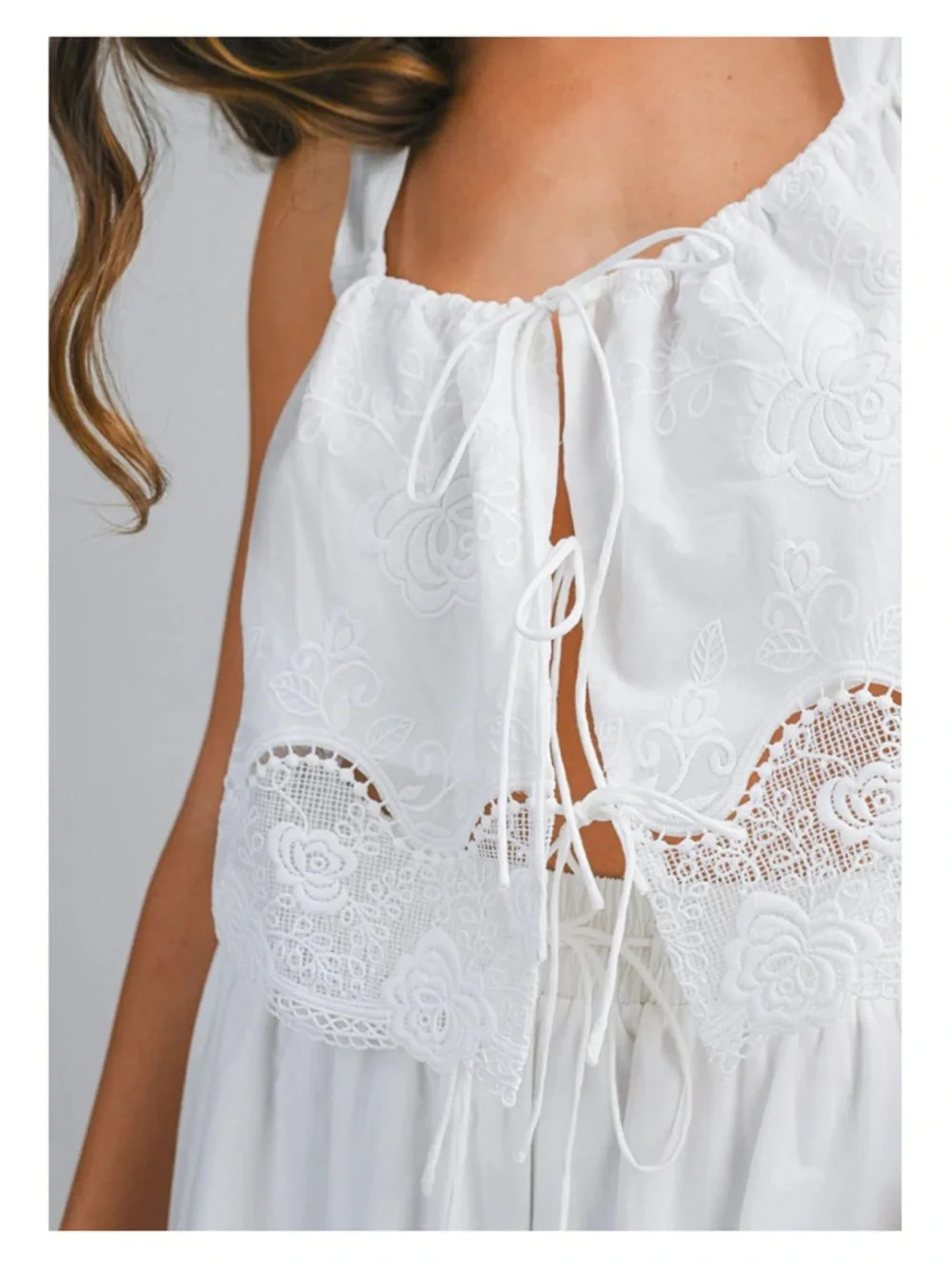 Cosette Embroidered Tie Top & Pant Set - Off-White - Picture 2 of 11